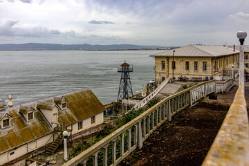 Buildings, pier and watchtower of the maximum security federal prison of Alcatraz in San Francisco...