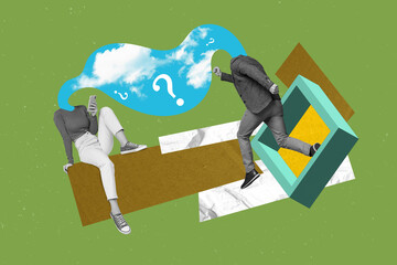 Creative 3d artwork sketch pop collage of weird faceless minded young people question mark clouds...