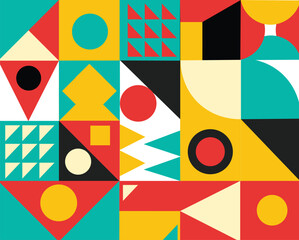 Obraz premium Colorful neo geometric poster. Grid with color geometric shapes. Modern abstract promotion flyer background vector illustration set. Geometric template poster, flyer neo pattern