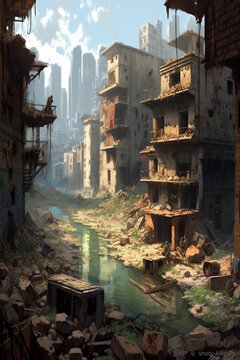 Painting of an Alley in an Abandoned City, Generative AI