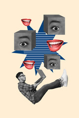 Vertical creative collage image of scared afraid man falling down computer read negative comment...