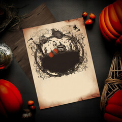 Generative ai illustration, invitation for halloween party, with pumpkins and a dark background.