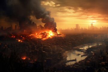 A Burning and Destroyed City, Representing War Destruction and Disaster, Generative AI