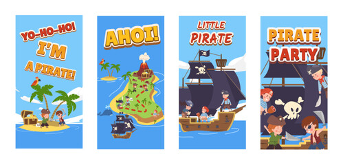 Fototapeta na wymiar Set of flyers about children pirate party flat style, vector illustration