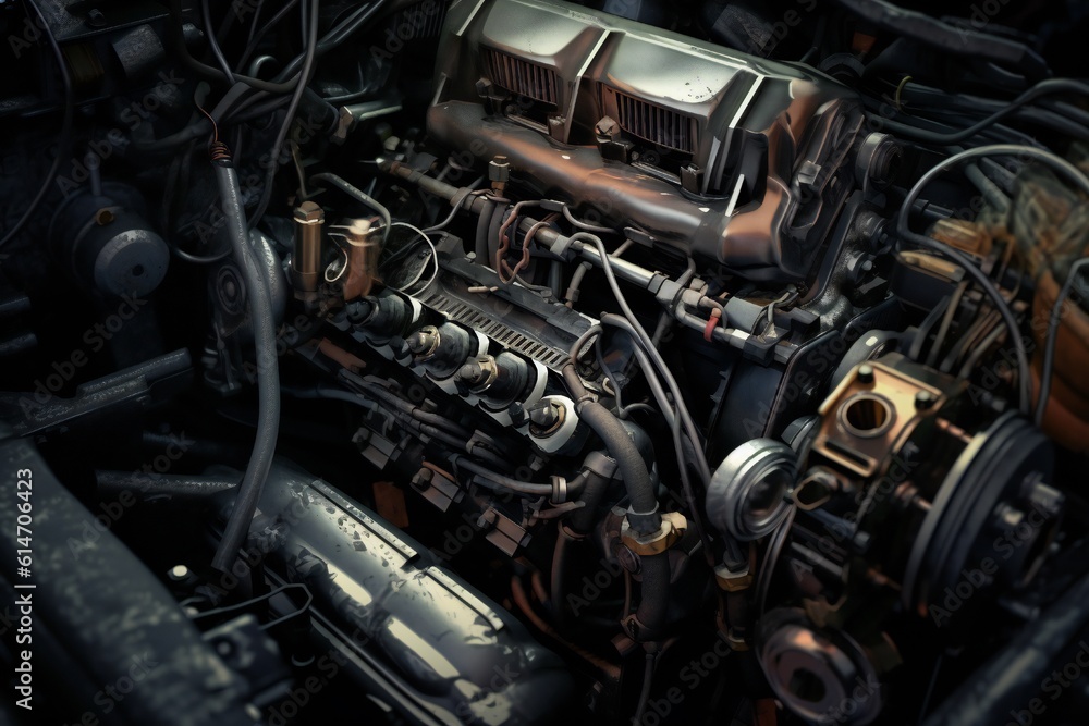 Poster old antique car engine closeup generative ai