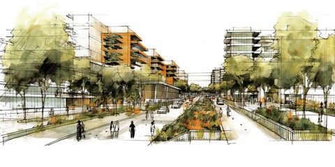 Sketch of the planning of a sustainable residential area. Ai generated.