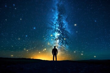 Silhouette of a man walking under the milky way of a clear and starry sky.