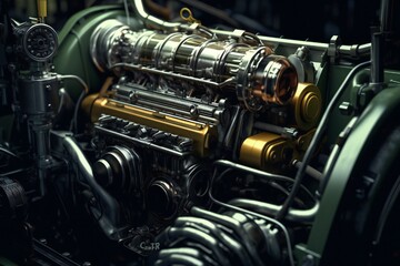 Fototapeta premium Old antique car engine closeup Generative AI