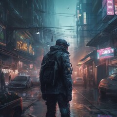 Fototapeta na wymiar Futuristic man in hooded leather jacket wears on night light bokeh in city. cyberpunk apocalypse. generative ai.