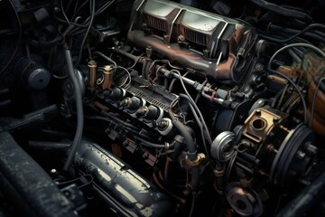 Obraz na płótnie Canvas Old antique car engine closeup Generative AI