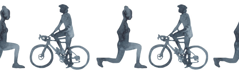 Sports at sunrise border.Running.Morning gym.Watercolor silhouette sport isolated on white background.