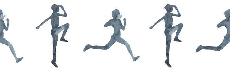 Sports at sunrise border.Running.Morning gym.Watercolor silhouette sport isolated on white background.