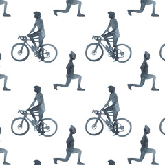 Fototapeta premium Sports at sunrise pattern.Running.Gymnastics.Morning gym.Watercolor silhouette sport isolated on white background.