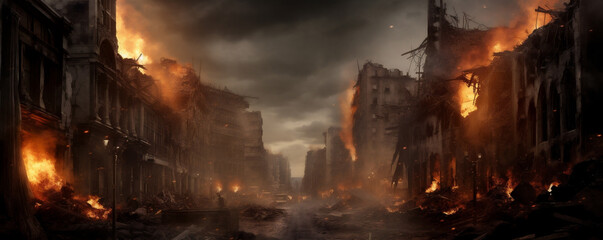 A Burning and Destroyed City, Representing War Destruction and Disaster, Generative AI