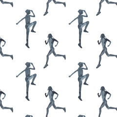Sports at sunrise pattern.Running.Gymnastics.Morning gym.Watercolor silhouette sport isolated on white background.