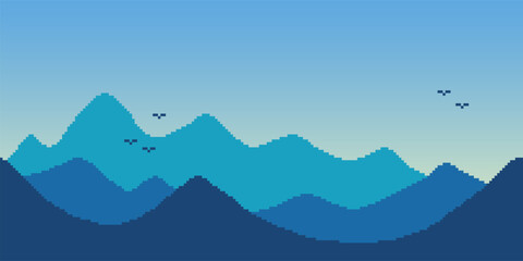 Colorful simple vector pixel art horizontal illustration of green sky evening mountain landscape with birds in retro platformer style