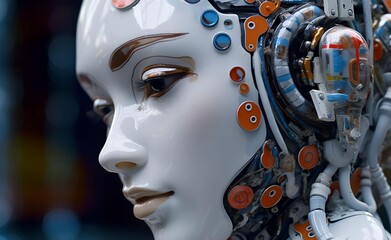 Mechanical humanoid female head with digital technology and electronics. A futuristic vision of future technology. Human looking android. Generative AI.	