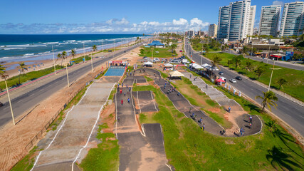 Drone view of competitors in bmx race during practice lap