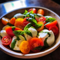 Caprese Salad highlighting the texture of the mozzarella cheese and the vibrant colors of the tomatoes and basil