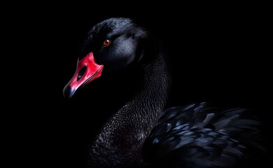 Elegant black swan on black background. Generative AI.