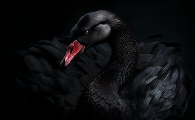Fototapeta premium Elegant black swan on black background. Generative AI.