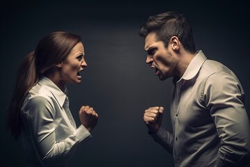 Man and woman have an aggressive and heated discussion with shouting. Ai generated. - obrazy, fototapety, plakaty