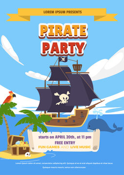 Happy sea adventure vector poster of pirate party, Pirate ship sails with whale, treasure island with treasure jewels and parrot
