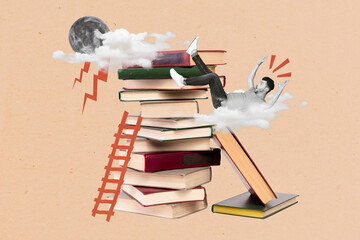 Collage painted image of young funny student man education issues preparing last exams stack books...