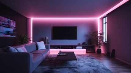 Generative Ai, modern and minimalistic room with neon lights.