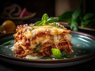 lasagna with melted cheese and garnished with basil leaves on a ceramic plate