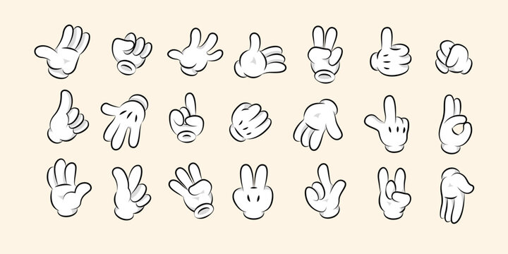 Cartoon white gloves. Hand comic gestures and signals, retro cartoon character arm icons, cute hand cursor in various poses. Vector isolated set