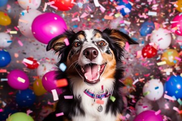 Fototapeta na wymiar A super happy dog on his birthday, surrounded by confetti and party.