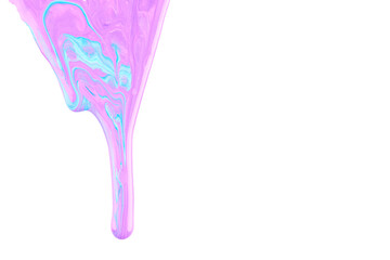 Paint drops flowing down on white paper. Purple blue ink blots abstract background
