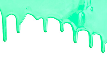 Paint drops flowing down on white paper. Green ink blots abstract background
