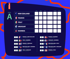 Schedule for all rugby matches of pool A, scoreboard of rugby competition 2023.