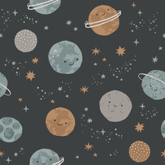 Cute planets in space. Hand drawn cosmos pattern. Space kawaii characters. Perfect for kids fabric, textile, nursery wallpaper. Vector illustration.