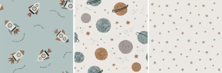 Hand drawn cosmos pattern set. Cute planets, stars and spaceship abstract patterns. Perfect for kids fabric, textile, nursery wallpaper. Vector illustration. - 614707835