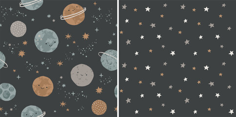 Cute cosmos pattern set.  Hand drawn planets and stars abstract patterns. Perfect for kids fabric, textile, nursery wallpaper. Vector illustration.