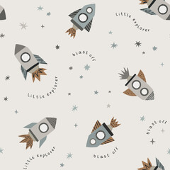 Cute rockets and stars. Hand drawn cosmos pattern. Little explorer space blast off. Perfect for kids fabric, textile, nursery wallpaper. Vector illustration. - 614707840