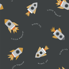 Hand drawn rockets and stars.  Cosmos doodle pattern. Little explorer space blast off. Perfect for kids fabric, textile, nursery wallpaper. Vector illustration.