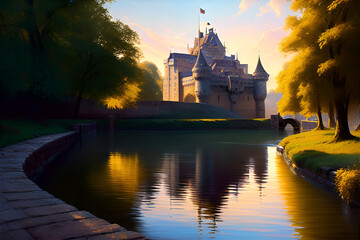 A stunning medieval castle at sunset. 