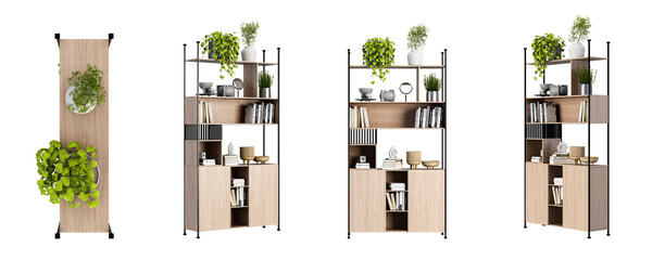 Bookcase with decorations in 3d rendering on white background