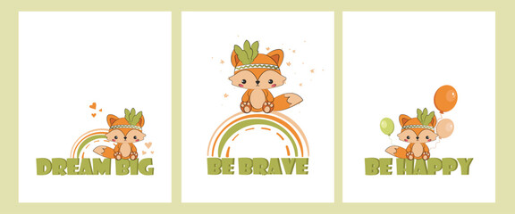 cute cartoon fox sitting on the big quote letters . Cartoon doodle animal characters collection. Cute baby fox vector poster set. Cheerful fox for baby showers celebration