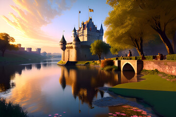 Beautiful castle with moat, and bridge. 