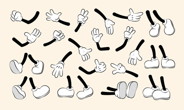 Cartoon hands and legs collection. Cute retro animation white feet and gloves characters body parts, abstract simple funny drawn person gestures. Vector comic set