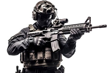 Army soldier in Protective Combat Uniform holding Assault Rifle. on white background. generative ai