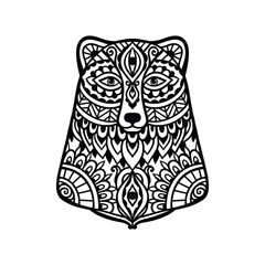 Bear mandala ornament. Vector illustration. Flower Ethnic drawing. Bear animal nature in Zen boho style. Coloring page black and white