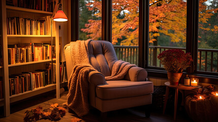 cosy room with armchair at autumn evening with bookshelf. 