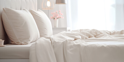 Fototapeta premium Simple modern bed in modern minimal bedroom interior, light and cozy, two soft pillows. Generative AI