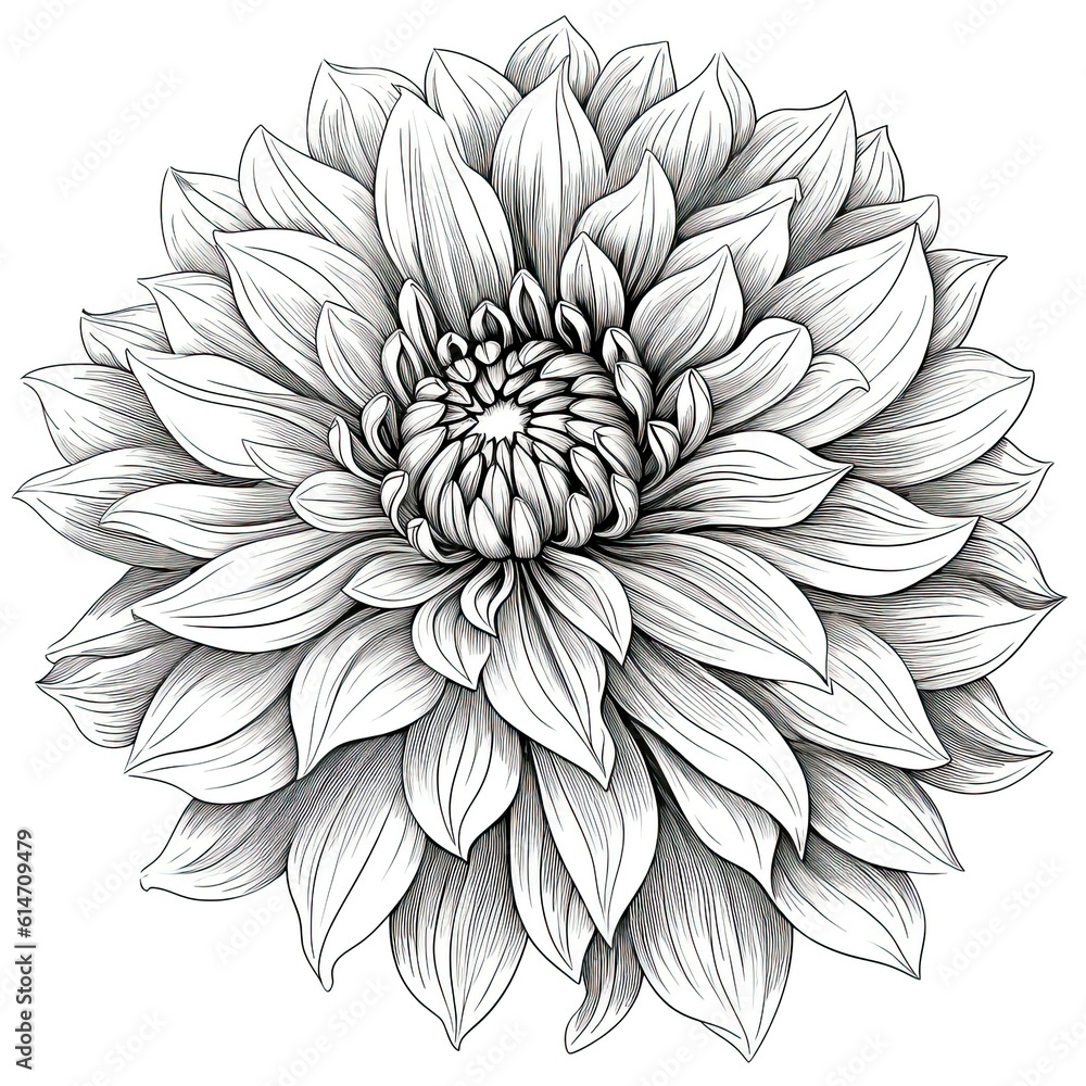 Wall mural black and white dahlia flower drawing illustration with line art on white backgrounds. generative ai